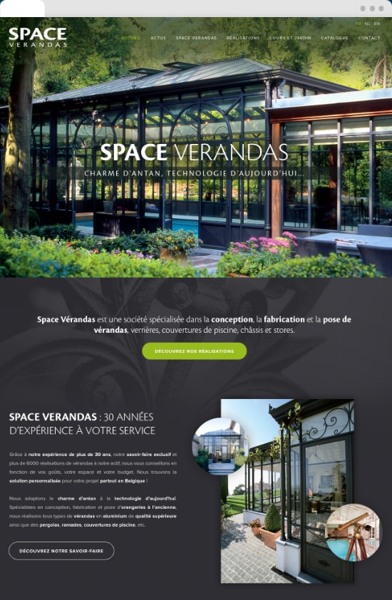 Page d'accueil du site Space Verandas en version desktop