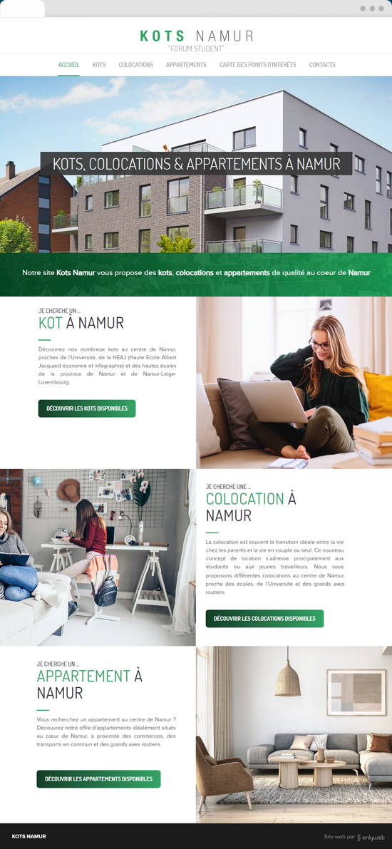 Version ordinateur du site web Kots Namur