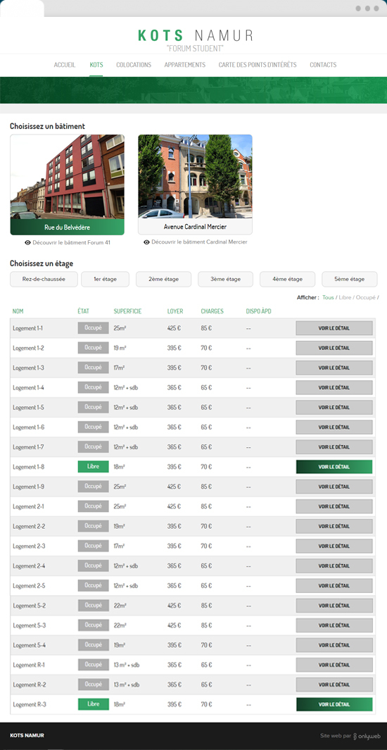 Version ordinateur du site web Kots Namur