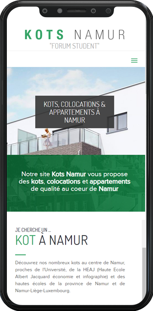 Version mobile du site web Kots Namur