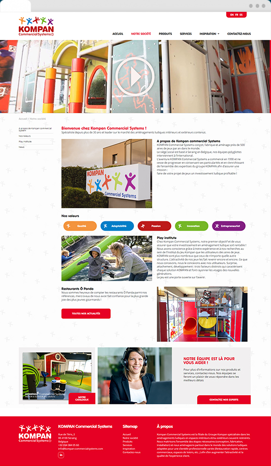 Version desktop du site internet Kompan Commercial Systems ®
