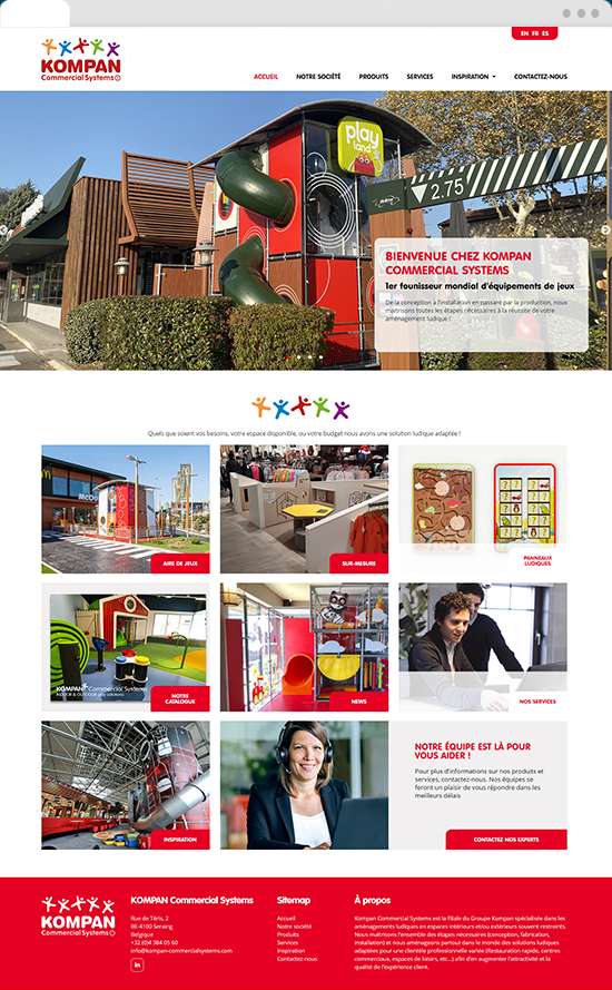 Version desktop du site internet Kompan Commercial Systems ®